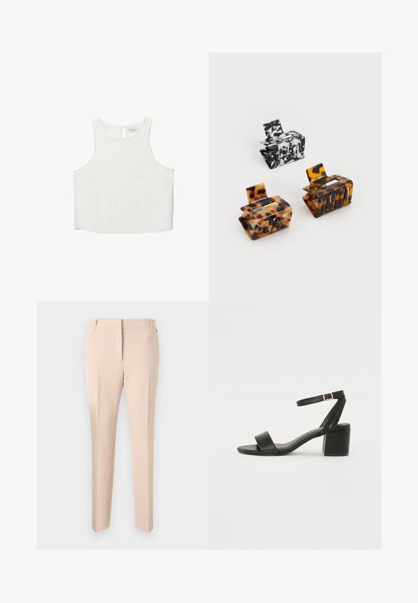 Biele bezrukávové tričko s okrúhlym výstrihom, ktoré má jemnú textúru, detail s kľúčovou dierkou na chrbte a rovný lem.; Bežové nohavice na mieru s plochým predným dielom, pútka na opasok, dvoma bočnými vreckami a rovnou nohou. Hladká textúra látky a minimálne detaily.; Čierne sandále na podpätku so hladkým koženým vrchom, otvorenou špičkou, širokými prednými prúžkami a nastaviteľným členkovým popruhom so zlatým prackom.; Tričko na vlasy: jedno čierno-biele mramorované, dve korytnačie v hnedej a čiernej farbe, všetky vyrobené z lesklého plastu s textúrovaným povrchom.