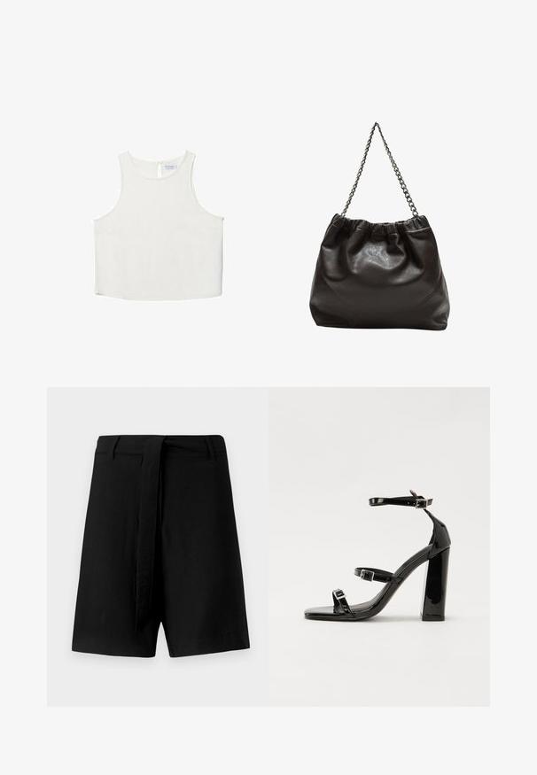 Biele bezrukávové tričko s okrúhlym výstrihom, ktoré má jemnú textúru, detail s kľúčovou dierkou na chrbte a rovný lem.; Čierne ľanové šortky s vysokým pásom, s látkovým opaskom a bočnými vreckami, hladkou textúrou a voľným strihom.; Čierne lakované sandále na podpätku so štvorcovou špičkou, navlečenými remienkami okolo členku a striebornými prackami. Disponujú masívnym blokovým podpätkom pre stabilitu.; Hnedá kožená taška so zberaným vrchom a reťazovým popruhom. Hladký povrch s lesklým finišom a jemným švom po stranách.