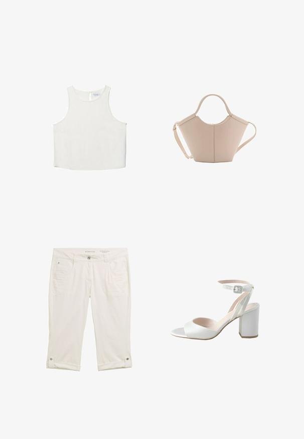 Weißes ärmelloses Oberteil mit rundem Halsausschnitt, das über eine subtile Textur, ein Schlüsselaugen-Rückendetail und einen geraden Saum verfügt.; Weiße 3/4 lange Hose aus leicht strukturiertem Stoff. Verfügt über Fronttaschen, einen Knopfverschluss und umgeschlagene Säume, die mit Druckknöpfen gesichert sind.; Weiße High-Heels Sandale mit glänzendem Satin-Obermaterial, weitem Blockabsatz und Knöchelriemen mit einer kleinen Schnalle. Sanfte Textur, minimalistisches Design.; Beige Lederhandtasche mit einer einzigartigen Form, die zwei kurze Henkel und einen langen verstellbaren Riemen aufweist. Glatte Textur mit minimalen Hardware-Elementen.