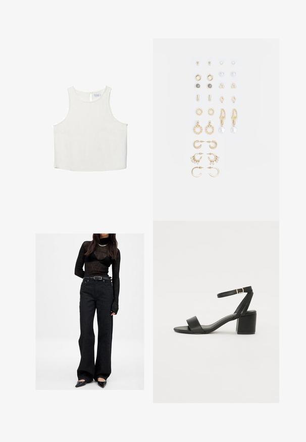 Valkoinen hihaton paita, jossa on pyöreä pääntie, hienovarainen tekstuuri, avaustakki ja suora helma.; Mustat farkut korkealla vyötäröllä, leveällä lahkeella, joissa on etutaskut ja metallinen solki vyössä. Yhdistetty läpinäkyvän mustan paidan kanssa.; Mustat korkokenkä-sandaalit, joissa on sileä nahkapinta, avoin varvas, leveät etuvarteen strapit ja säädettävä nilkkastrap, jossa on kultainen solkiyksityiskohta.; Kultasetti kultaisenvärisiä korvakoruja, jotka sisältävät erilaisia muotoiluita, kuten nappikorviksia, rengaskorviksia ja roikkuvia korviksia, joissa on helmiä ja strasseja.