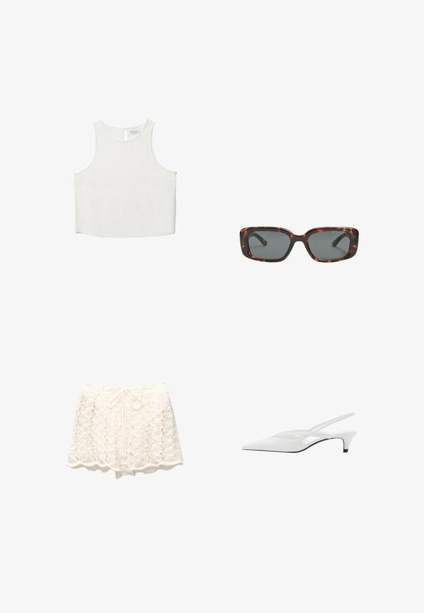 Valkoinen hihaton paita, jossa on pyöreä pääntie, hienovarainen tekstuuri, avaustakki ja suora helma.; Valkoiset virkatut sortit, joissa on aaltoileva helma, näyttävästä avoimesta neulekuviosta ja säädettävästä vyötäröstä naruilla.; Valkeat nilkkaremmikengät, joissa on terävä kärki, sileä päällinen, hienovaraiset aukot ja matala lohkopohja. Musta pohja korostaa muotoilua.; Silmälasit pähkinäkuoresta, joissa on suorakulmaiset linssit, paksut kehykset ja tummennetut linssit. Sileä pinta ja minimalistinen muotoilu.