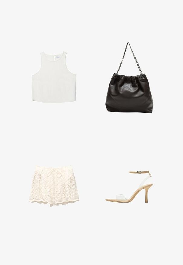White sleeveless top with a round neckline, featuring a subtle texture, keyhole back detail, and a straight hemline.; White crochet shorts with a scalloped hem, featuring a textured, open-knit design and a drawstring waist for adjustable fit.; Clear heeled sandal with a transparent upper, beige footbed, and a slender ankle strap. Features a pointed toe and a thin high heel.; Brown leather bag with a gathered top and a chain strap. Smooth texture with a glossy finish and subtle seam detailing on the sides.