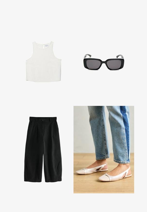 Haut sans manches blanc avec un col rond, présentant une texture subtile, un détail en forme de trou de serrure au dos et un ourlet droit.; Pantalons larges noirs en coton, avec fermeture à bouton, plis avant et poches latérales ; texture lisse et coupe ample.; Ballerines slingback rose pâle avec un bout pointu, fabriquées en un matériau semblable au cuir lisse. Présentent des découpes sur les côtés et un talon plat.; Lunettes de soleil noires rectangulaires avec des verres foncés, monture en plastique lisse et branches courbées. Le design est épais avec une esthétique minimaliste.