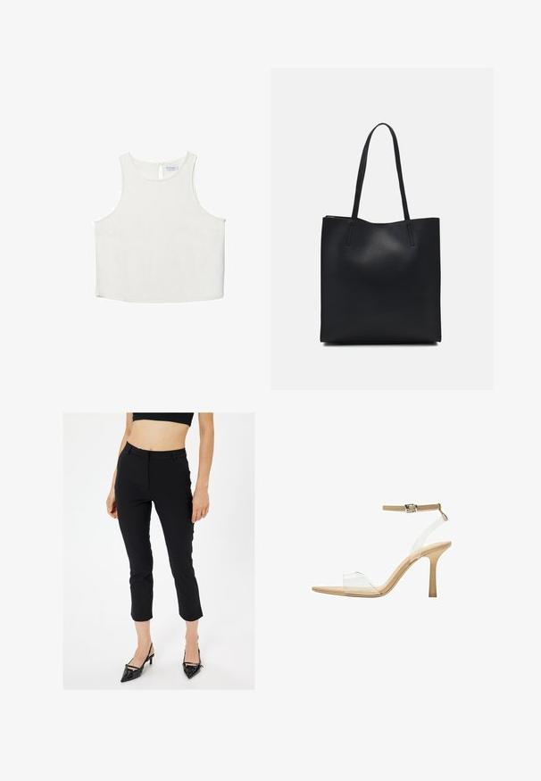 Vit ärmlös topp med rundad halsringning, featuring en subtil textur, detalj med nyckelhål i ryggen och rak nederkant.; Svarta cropped byxor med en slät struktur, med en skräddarsydd midja, smal passform och sidofickor. Kombineras med spetsiga svarta klackar.; Klart häl sandal med en transparent ovandel, beige fotbädd och en smal ankelrem. Har en spetsig tå och en tunn hög klack.; Svart lädertoffelväska med slät textur, rektangulär form och två långa handtag. Ingen synlig hårdvara eller dekorationer.