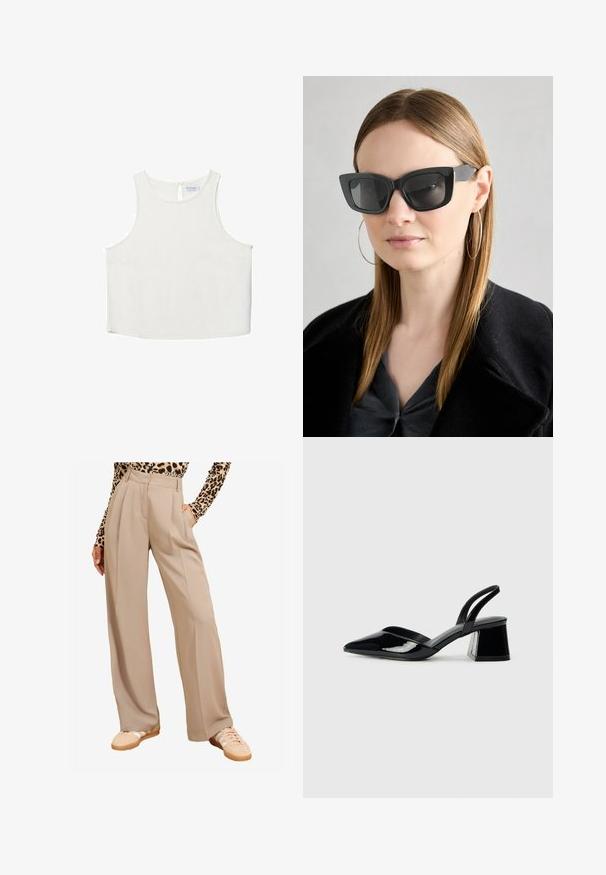 Valkoinen hihaton paita, jossa on pyöreä pääntie, hienovarainen tekstuuri, avaustakki ja suora helma.; Beige levele tirkoja z gajami, ki imajo žepke in gladko teksturo. Ujemajo se z bež športnimi copati in topom z leopardjim vzorcem.; Mustat patentoitu nahkakengät, joissa on säären takaosa ja terävä kärki, sekä geometrinen palikkakorko. Sisältää tyylikkään, minimalistisen muotoilun ja sileän pinnan.; Mustan kissakuvioisen aurinkolasit tummilla linsseillä, paksuilla kehyksillä ja hillityillä yksityiskohdilla. Yhdistetty mustaan takkiin ja harmaaseen paitoihin, joissa on pitkät suorat hiukset.