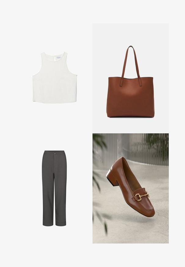 Top bianco senza maniche con scollo rotondo, caratterizzato da una sottile trama, dettaglio a rombo sul retro e orlo dritto.; Pantaloni grigi con design a gamba dritta, texture liscia, chiusura frontale con bottone e orli risvoltati per un look curato.; Mocassino in pelle verniciata marrone con punta quadrata, accentato da catena metallica e tacco basso; texture liscia, design minimalista.; Borsa tote in pelle marrone con texture liscia, design con apertura superiore e due spallacci. Presenta cuciture minime e nessun hardware visibile.