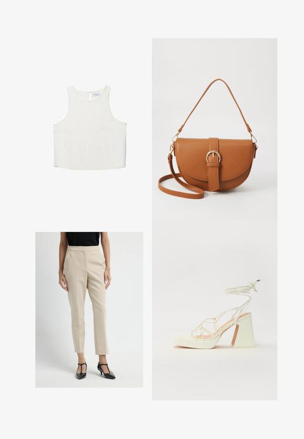 Witte mouwloze top met een ronde halslijn, voorzien van een subtiele textuur, een sleutelgatenrugdetail en een rechte zoom.; Beige op maat gemaakte broek met voorplooien, recht model en zijzakken, gecombineerd met zwarte hakken. Soepele stofstructuur.; Witte hoge hakken sandaal met een chunky hak, met een bandjesontwerp en enkelband. Gladde textuur met een plateau voor extra hoogte.; Bruine leren schoudertas met een gebogen vorm, gouden hardware en een gespaccent. Bevat een afneembare schouderriem.