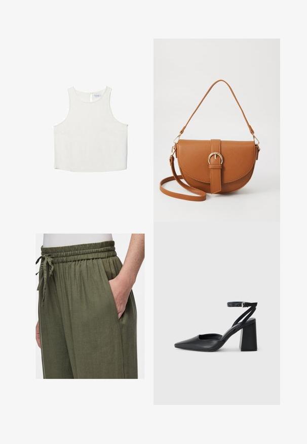 Valkoinen hihaton paita, jossa on pyöreä pääntie, hienovarainen tekstuuri, avaustakki ja suora helma.; Olivinvihreät, kevyet pellavahousut, joissa on joustava vyötärö ja nauha. Sisältää sivutaskun ja rentoa istuvuutta.; Mustat nahkakengät, joissa on kapea kärki, nilkkaremmi ja paksu korko. Tasainen pinta, tyylikäs muotoilu ja minimalistinen estetiikka.; Ruskean nahkainen olkalaukku, jossa on kaareva muoto, kultaiset yksityiskohdat ja solkiyksityiskohta. Varustettu irrotettavalla olkahihnalla.