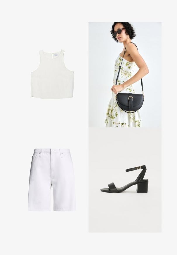 Bela brezrokavna majica z okroglim dekoltejem, ki se ponaša z diskretno teksturo, detajlom ključavnice na hrbtu in ravnim robom.; Calvin Klein Jeans 90S STRAIGHT - Kratke hlače iz džinsa - denim light; Črne sandale na peto z gladkim usnjenim zgornjim delom, odprtim nosom, širokimi sprednjimi trakovi in nastavljivim gležnjenčkom z zlatim zaponko.; Črna usnjena torbica s ukrivljeno obliko, z odstranljivo naramnico in zlatimi dodatki. Torbica ima pokrov s podrobnostmi v obliki zaponke.