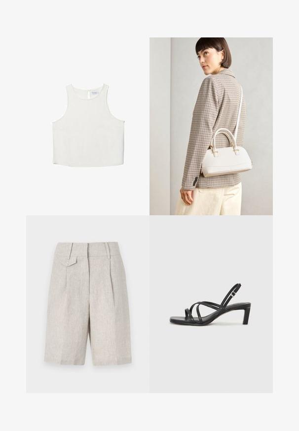 Bela brezrokavna majica z okroglim dekoltejem, ki se ponaša z diskretno teksturo, detajlom ključavnice na hrbtu in ravnim robom.; Bež lanene kratke hlače s krojem, ki vključuje sprednji zloženec, enojno zapiranje s gumbom in preprost pas.; Črne natikače s trakovi in kvadratnim prstom ter nizkim blokastim peto. Imajo več tankih trakov in nastavljiv trak okoli gležnja. Narejene so iz gladkega usnja.; Bela strukturirana torba z kratkimi ročaji in naramnim trakom, z zlatimi okrasnimi elementi in teksturiranim materialom, prikazana na sivi podlagi.