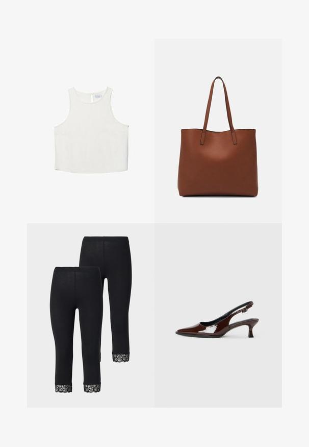 Vit ärmlös topp med rundad halsringning, featuring en subtil textur, detalj med nyckelhål i ryggen och rak nederkant.; Svarta leggings med en figurnära design, med spetsdetaljer vid nederkanten, tillverkade av ett mjukt, elastiskt material.; Brun lackläder slingback-sko med spetsig tå och en måttlig klack. Utrustad med en spännband för säker passform. Slät textur.; Brun läder tote-väska med en slät textur, öppen toppdesign och två axelremmar. Har minimal söm och ingen synlig metalldetalj.