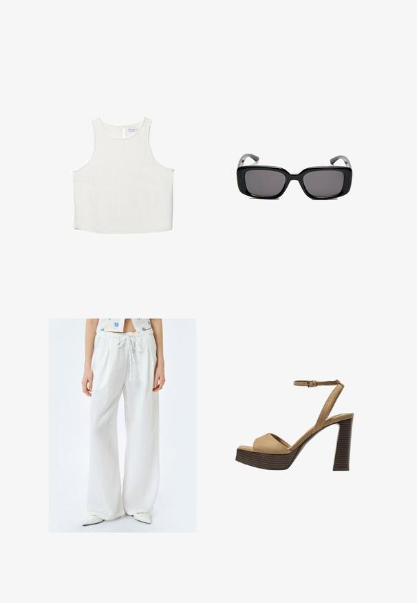 Hvid ærmeløs top med rund halsudskæring, der har en subtil tekstur, nøglehulsbagdetalje og lige kant.; Hvide linned bukser med vidde og drawstring talje, der har en blød tekstur og afslappet pasform. Sammen med spidse hvide sko.; Beige ruskinds højhælede sandaler med en bred foranrem og ankelrem, der har en kraftig træblokhæls struktur.; Sorte rektangulære solbriller med mørke linser, glat plastikramme og buede stænger. Designet er klodset med en minimalistisk æstetik.