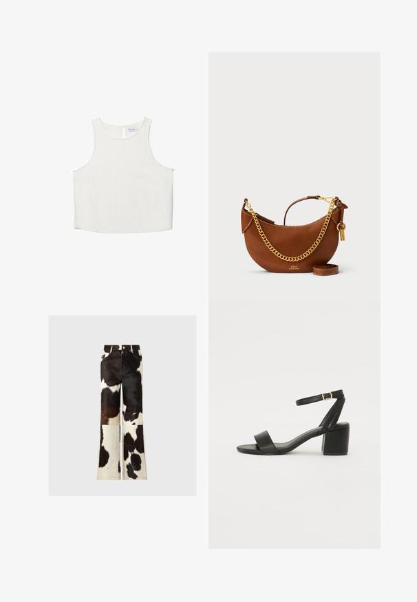 White sleeveless top with a round neckline, featuring a subtle texture, keyhole back detail, and a straight hemline.; Cowhide flared pants featuring a patchwork design in black and white colors, with a smooth texture and visible stitching accents.; Black heeled sandal featuring a smooth leather upper, an open toe, wide front straps, and adjustable ankle strap with a gold buckle detail.; Brown leather handbag with a curved design, gold chain strap, interior pocket, and a detachable shoulder strap. Features contrasting stitching.