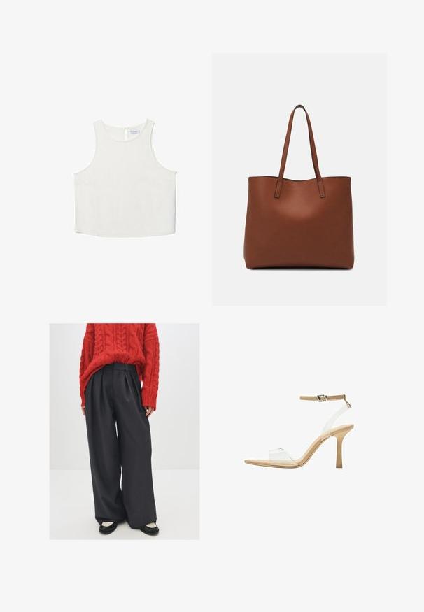 Top bianco senza maniche con scollo rotondo, caratterizzato da una sottile trama, dettaglio a rombo sul retro e orlo dritto.; Maglione rosso a fantasia a trecce abbinato a pantaloni a vita alta grigio scuro a gamba larga e ballerine nere con accenti crema. Visibili lavorazione a maglia testurizzata e pieghe.; Sandal con tacco trasparente e parte superiore trasparente, plantare beige e una sottile cinghia alla caviglia. Presenta una punta appuntita e un tacco alto e sottile.; Borsa tote in pelle marrone con texture liscia, design con apertura superiore e due spallacci. Presenta cuciture minime e nessun hardware visibile.