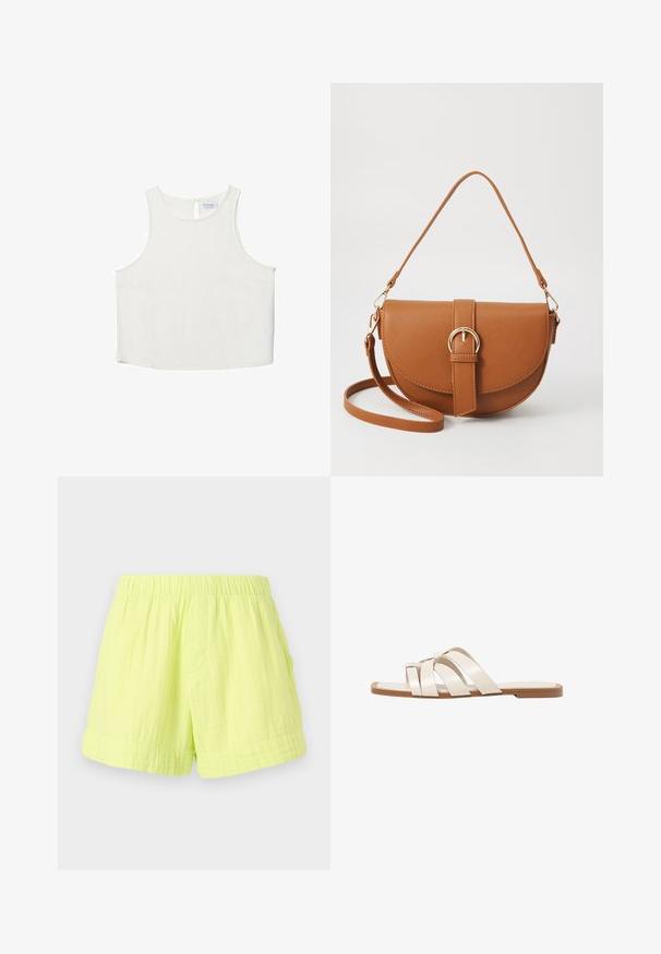White sleeveless top with a round neckline, featuring a subtle texture, keyhole back detail, and a straight hemline.; Lime green shorts made of lightweight, textured fabric with an elastic waistband and a single side pocket. No visible fastenings.; Flat sandals with a tan rubber sole, designed with three overlapping white leather straps and a small bow detail at the center.; Brown leather crossbody bag with a curved shape, gold hardware, and a buckle accent. Features a detachable shoulder strap.