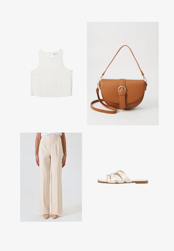Witte mouwloze top met een ronde halslijn, voorzien van een subtiele textuur, een sleutelgatenrugdetail en een rechte zoom.; Beige, hoge taille broek met een rechte pijpdesign, gekenmerkt door scherpe plooien en een gladde textuur. Gecombineerd met nude topjes met een spitse neus.; Vlakke sandalen met een tan rubberen zool, ontworpen met drie overlappende witte leren banden en een kleine strikdetail in het midden.; Bruine leren schoudertas met een gebogen vorm, gouden hardware en een gespaccent. Bevat een afneembare schouderriem.