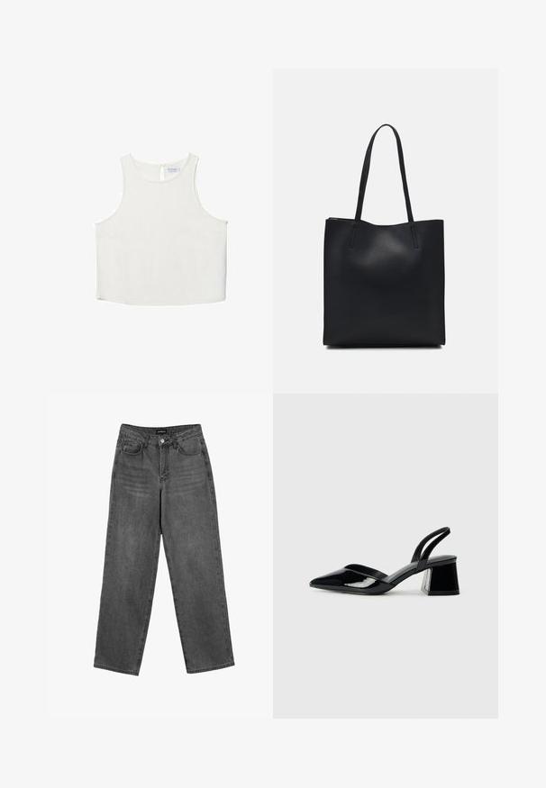 Valkoinen hihaton paita, jossa on pyöreä pääntie, hienovarainen tekstuuri, avaustakki ja suora helma.; Musta korkeavyötäröinen suora lahje farkut etupainikkeella ja taskuilla, esitelty valkoisella taustalla.; Mustat patentoitu nahkakengät, joissa on säären takaosa ja terävä kärki, sekä geometrinen palikkakorko. Sisältää tyylikkään, minimalistisen muotoilun ja sileän pinnan.; Mustapahkainen kangaskassi, jossa on sileä pinta, suorakaiteen muotoinen ja kaksi pitkää kahvaa. Ei näkyvää metalliosaa tai koristeita.