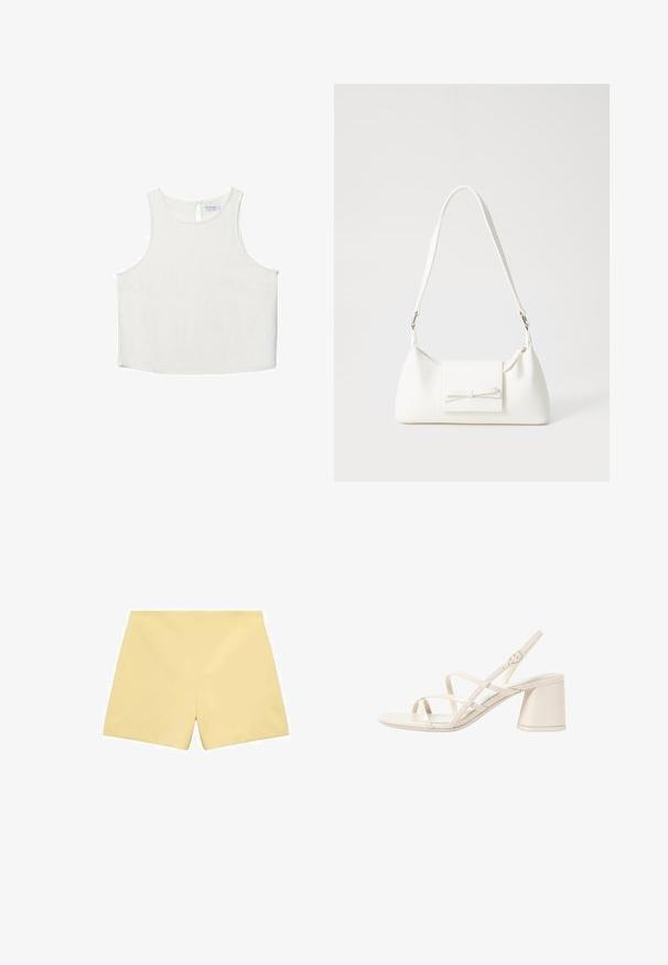 Biała bezrękawnik z okrągłym dekoltem, z delikatną teksturą, z tylnym wycięciem w kształcie klucza oraz prostym wykończeniem dołu.; Mango LILO jasnożółty; Beżowe sandały na obcasie z cienkimi, krzyżującymi się paskami, otwartym palcem i kwadratowym klockiem. Gładkie wykończenie z lakierowanej skóry, regulowany pasek na kostkę.; Biała syntetyczna torba o trójkątnym kształcie, płaskim przednim klapce i detalach w postaci kokardy, regulowanym pasku, gładkiej fakturze oraz minimalistycznym designie.