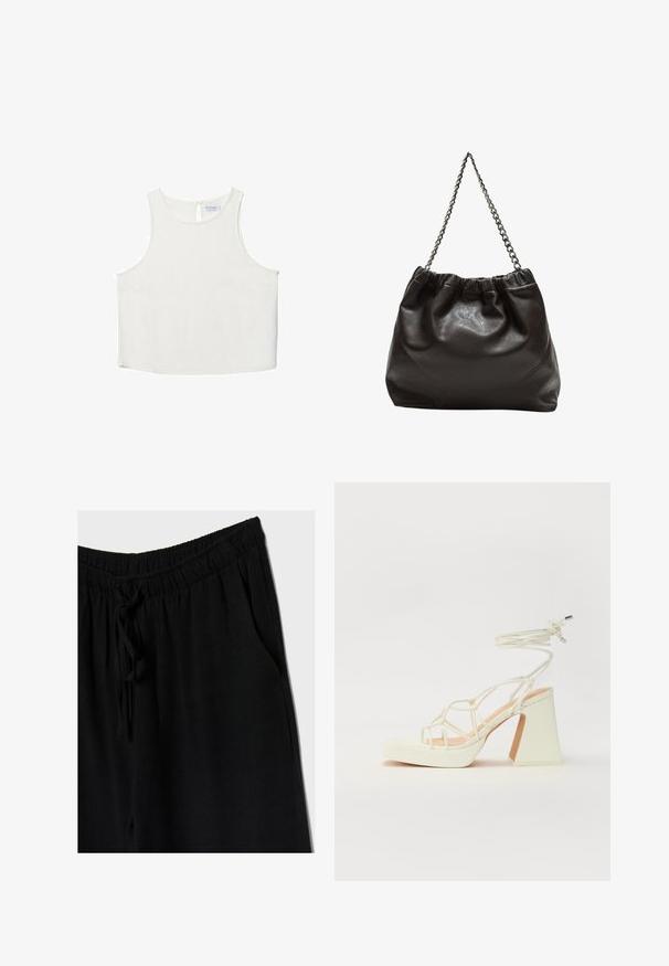 Witte mouwloze top met een ronde halslijn, voorzien van een subtiele textuur, een sleutelgatenrugdetail en een rechte zoom.; Zwarte broek met een elastische tailleband en trekkoord, met een losse fit en zijzakken. Het materiaal lijkt zacht en lichtgewicht te zijn.; Witte hoge hakken sandaal met een chunky hak, met een bandjesontwerp en enkelband. Gladde textuur met een plateau voor extra hoogte.; Bruine leren tas met een geplooide bovenkant en een kettinghengsel. Glad textuur met een glanzende afwerking en subtiele naaddetails aan de zijkanten.