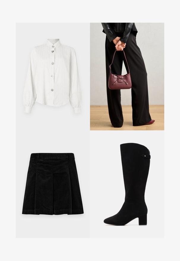 Biela blúzka s dlhým rukávom a vertikálnymi pruhmi, balónovými rukávmi, stojatým golierom a piatimi dekoratívnymi striebornými gombíkmi vpředu.; Čierna kordurová sukňa s plisovaným dizajnom, so strihaním rovného strihu, textúrovaným povrchom a elastickým pásom pre pohodlné nosenie.; Čierne semišové čižmy po kolená s špicatou špičkou a blokovým podpätkom. Vyznačujú sa hladkou textúrou a jednoduchým dizajnom, s bočným pásikom ako akcentom.; Bordová kožená kabelka s detailom mašle, so slankou rúčkou a zlatými prvkami, držaná osobou v čiernych nohaviciach.