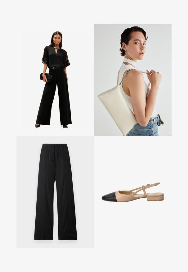 Lipsy REGULAR FIT - RUFFLE SHEER SLEEVE - Palaidinė - black; Juodos plačios kelnės, pagamintos iš lengvos medžiagos. Su elastingu juosmeniu ir raišteliu. Švarus, minimalistinis dizainas be raštų.; Kreminė ir juoda dviejų tonų slingback avalynė su smailiu pirštu, plokščiu kulnu ir kryžminiu dirželiu. Lygaus odos paviršius.; Balta, stačiakampio formos rankinė pagaminta iš blizgaus medžiagos, su sidabriniu virvute. Modelis pozavo, demonstruodamas rankinę prieš paprastą foną.