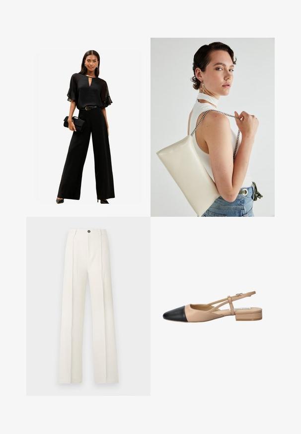 Lipsy REGULAR FIT - RUFFLE SHEER SLEEVE - Blouse - black; Pantalons blancs à jambes larges avec taille haute, dotés de deux plis sur le devant, d'une fermeture à un bouton et de poches. Texture de tissu lisse.; Chaussure à bride arrière bicolore beige et noire avec un bout pointu, un talon plat et un détail de sangle croisée. Texture en cuir lisse.; Pochette rectangulaire blanche en matériau brillant, avec une bandoulière en chaîne argentée. Le modèle pose en mettant en valeur le sac contre un fond uni.