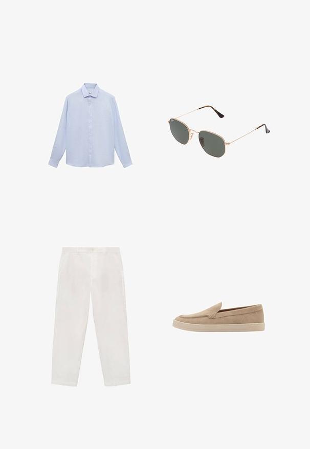 Svetlo modra srajca z dolgimi rokavi iz gladkega materiala, z klasičnim ovratnikom, polnim gumbom spredaj in okroglim robom z gumbnimi manšetami.; Bele bombažne hlače s ravnim krojem, z gumbom za zapiranje, zanko za pas in stranskimi žepi. Gladka tekstura in minimalističen dizajn.; Bež izsušene copate z zaobljenim prstom in šiviljskim detajlom. Svetlo obarvan gumijast podplat z nizkim profilom.; Sončna očala z zlatim kovinskim okvirjem in temno zelenimi lečami, aviatorskega sloga, z vitekimi ročaji in želvovim vzorcem na konicah.