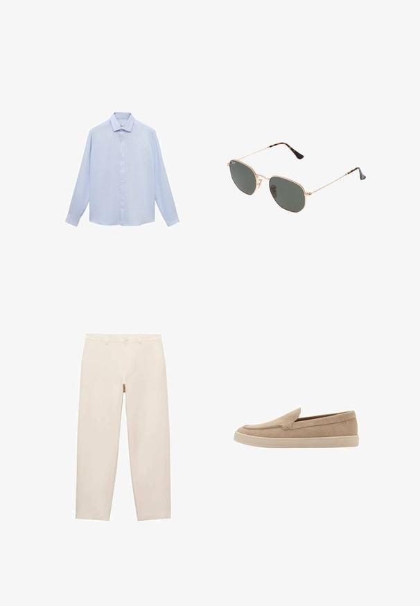 Lichtblauwe blouse met lange mouwen van een gladde stof, met een klassieke kraag, volledige knopenrij aan de voorkant en een ronde onderrand met knoopmanchetten.; Beige rechte broek gemaakt van zachte stof, met riemlussen, een ritssluiting en twee zijzakken. Schone, minimalistische uitstraling.; Beige nubuck instapper met een ronde neus en gestikte details. Lichtgekleurde rubberen zool met een laag profiel.; Gouden metalen zonnebril met donkergroene lenzen, aviator-stijl, met slanke scharnieren en schildpad-accenten op de uiteinden.