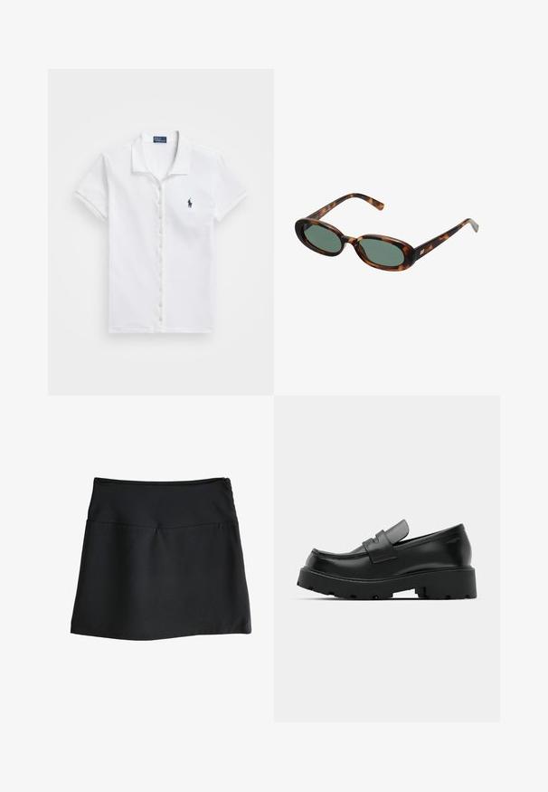 Valkoinen lyhythihainen polo-paita, joka on valmistettu puuvillasta. Paitassa on nappilista ja pieni sininen logo vasemmassa rinnassa.; Musta hame, jossa on sileä pinta, polvipituinen muotoilu ja yksinkertainen, joustava vyötärö. Takana on huomaamaton vetoketju.; Mustat nahka loaferit, joissa on paksu, teksturoitu pohja, vampin yli kulkeva raita ja sileä, kiillotettu viimeistely.; Kilpikonnakuosisuntit, joissa on soikeat kehykset ja vihreät linssit. Ominaisuuksiin kuuluu ohuet varret, joissa on metallinen korostus saranan lähellä.; Mustalla nahka hobo-laukku, jossa on pehmeä, kaareva muoto. Varustettu leveällä yläkahvalla ja poimuilla pohjassa, mikä antaa rennon tekstuurin.