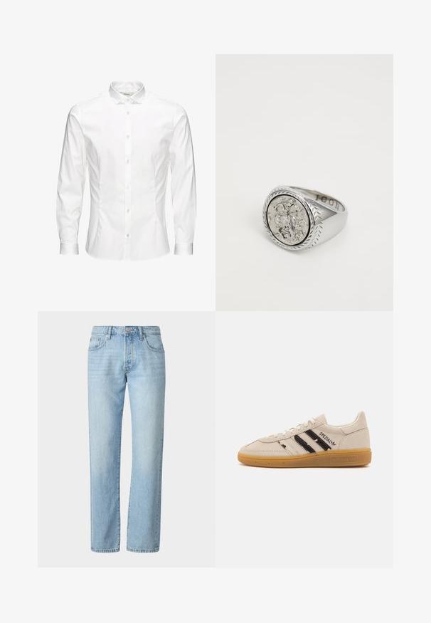 Bijela košulja dugih rukava s gumbima napravljena od glatkog materijala. Ima klasičan ovratnik, prednje gumbe i manžete s jednim gumbom. Dizajn u uskom kroju.; Svijetloplave traperice ravnog kroja, s klasčnim dizajnom s pet džepova i suptilnim izblijedjelim oznakama po tkanini.; Bež antilop tenisice s crnim prugama i tekstom "Spezial", imaju teksturiranu gumu kao potplat i klasičan sustav vezanja.; Srebrni prsten s ovalnim, teksturiranim okvirom i uzdignutim dekorativnim elementom. Složen ukras okružuje središnji dizajn.