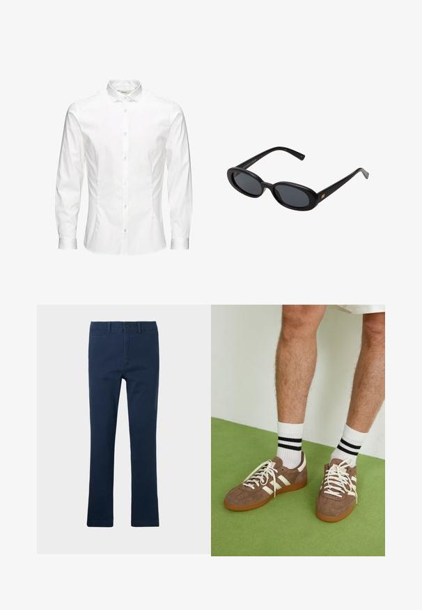 Balta ilgomis rankovėmis mygtukinė marškiniai, pagaminti iš lygaus audinio. Turi klasikinį apykaklę, priekinę mygtukų uždarymą ir vieno mygtuko rankogalius. Slim fit dizainas.; Tamsiai mėlynos medvilnės kelnes su tiesiomis kojomis, turinčios priekinės kišenės, užtrauktuką ir vieną mygtuką.; Rudoni veršiai sportbačiai su baltais akcentais ir raišteliais. Gumos padu. Dėvimi su baltais kojinėmis, turinčiomis juodas juostas. Žalios tekstūruotos grindys.; Juodos didelės saulės akinių su ovaliais objektyvais, lygia plastiko rėmeliu ir aukso akcentais ant šventyklos. Tamsūs objektyvai suteikia apsaugą nuo saulės.; Burgundi spalvos šilkinis kaklaraištis, siauras, su vientisu tekstūros paviršiumi. Yra smailas galas, vienoda spalva ir sklandus paviršius.