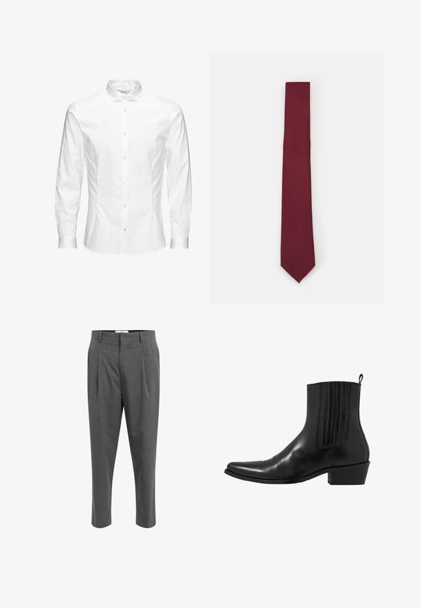 Bela srajca z dolgimi rokavi in gumbi, izdelana iz gladkega materiala. Ima klasičen ovratnik, sprednje gumbke in manšete z enim gumbom. Oblika je ozka.; Sive prilagojene hlače iz teksturirane tkanine, z gubami, ravnim krojem in zankami za pas. Brez vidnih okrasnih elementov ali dodatkov.; Črne usnjene gležnjarje s koničastim nosom, elastičnimi stranskimi paneli, navpičnimi šivi in nizko blokasto peto.; Burgundska svila kravata, ozka oblika z enotno teksturo. Ima koničast vrh, dosledno barvo in gladko površino.