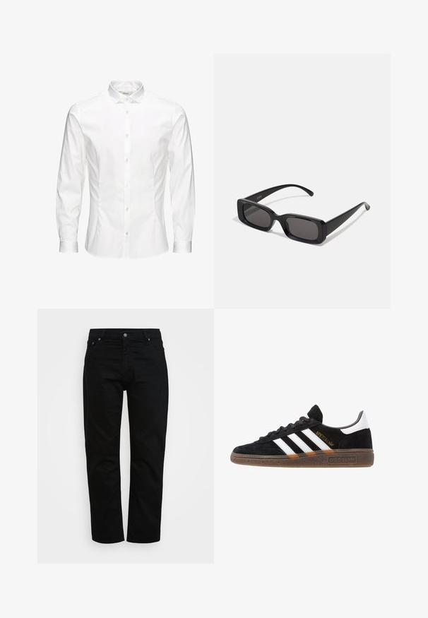 Camasa albă cu mâneci lungi, cu nasturi, confecționată dintr-un material neted. Dispune de un guler clasic, nasturi pe față și manșete cu un singur nasture. Design ajustat.; Jeans negri din bumbac, cu o croială clasică, design cu cinci buzunare și închidere cu nasture metalic. Textură netedă, cu picioare drepte.; Sneaker Adidas negre cu dungi albe, text aurit "Spezial", talpă din cauciuc și tab de călcare alb, prezentat din vedere laterală.; Ochelari de soare negri, cu ramă rectangulară, lentile întunecate, finisaj lucios, brațe late și un design masiv. Numele mărcii gravat pe una dintre brațe.; Cravat din mătase burgundă, cu formă îngustă și textură uniformă. Prezintă o vârf ascuțit, o culoare constantă și un finisaj neted.