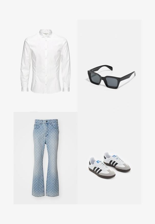 Weißes langärmeliges Hemd mit Knopfleiste aus glattem Stoff. Verfügt über einen klassischen Kragen, eine durchgehende Knopfleiste und Ein-Knopf-Manschetten. Figurbetonter Schnitt.; Hellblaue Jeans mit weitem Bein, die ein Allover-Logo-Muster, fünf Taschen, einen Knopfverschluss und eine leicht ausgebleichte Optik aufweisen.; Sportschuhe mit einem Obermaterial aus weißem Leder, grauer Wildleder-Zehenkappe und drei schwarzen Streifen. Sie verfügen über ein blaues Logo auf der Zunge und eine strukturierte Gummisohle.; Schwarze rechteckige Sonnenbrille mit dunklen Gläsern. Kunststoffrahmen mit glänzender Oberfläche, ausgestattet mit einer breiten Brücke und leicht verjüngten Bügeln.