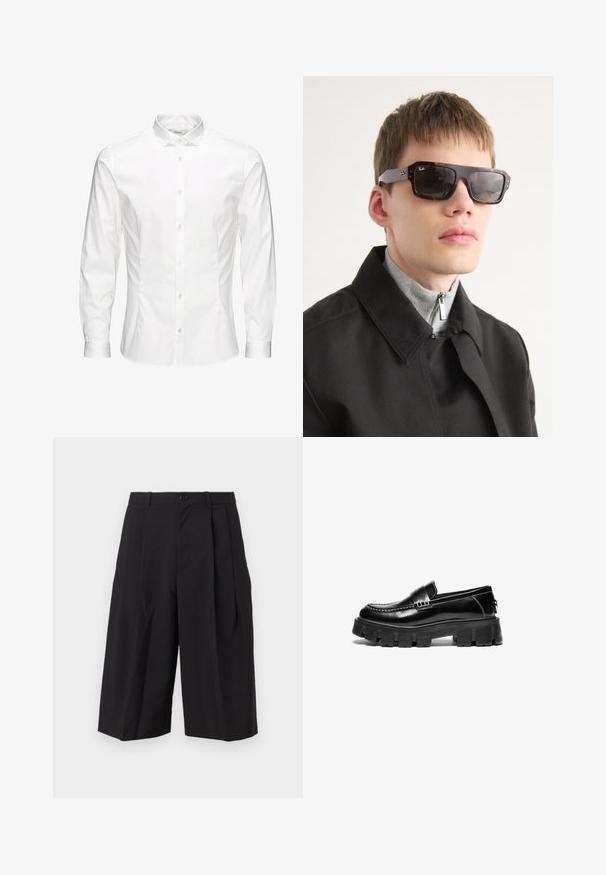 Weißes langärmeliges Hemd mit Knopfleiste aus glattem Stoff. Verfügt über einen klassischen Kragen, eine durchgehende Knopfleiste und Ein-Knopf-Manschetten. Figurbetonter Schnitt.; Schwarze plissierte Shorts aus einem Stoff mit glatter Textur, ausgestattet mit einem vorderen Knopfverschluss und breiten, locker sitzenden Beinen.; Schwarze Lederloafer mit dicker Gummisohle, dekorativem Riemen über dem Obermaterial und kontrastierenden weißen Nähten. Glatte Textur mit abgerundeter Zehenpartie.; Schildpatt-Sonnenbrille mit schwarzen Akzenten und rechteckiger Form. Graue Bügel mit Markenlogo. Getragen mit einem schwarzen Mantel und grauem Rollkragenoberteil.