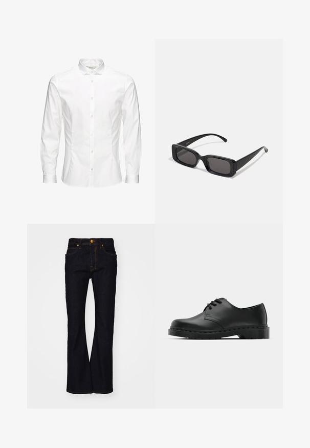 Balta ilgomis rankovėmis mygtukinė marškiniai, pagaminti iš lygaus audinio. Turi klasikinį apykaklę, priekinę mygtukų uždarymą ir vieno mygtuko rankogalius. Slim fit dizainas.; Tamsiai mėlynos džinsinės kelnes su platėjančiomis kojomis, kontruojančiais oranžiniais siūlais, užsegimu mygtuku ir priekinėmis kišenėmis. Paprastas dizainas be raštų.; Juodos odinės oksfordo bateliai su raištelių užsegimu, apvaliu pirštu, plokščiu guminiu padu ir subtiliu siuvimo akcentu viršuje.; Juodos stačiakampės saulės akiniai su tamsiais lęšiais, blizgiu paviršiumi, plačiomis kojelėmis ir masyviu rėmeliu. Ant vienos kojelės yra išgraviruotas prekės ženklas.; Juodas kaklaraištis su tekstūru, siauras forma ir smailiu galu. Medžiaga atrodo glotni su subtiliu raštu.