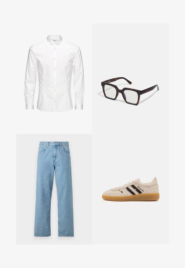 Balta ilgomis rankovėmis mygtukinė marškiniai, pagaminti iš lygaus audinio. Turi klasikinį apykaklę, priekinę mygtukų uždarymą ir vieno mygtuko rankogalius. Slim fit dizainas.; Šviesiai mėlyni džinsai su tiesiomis kojomis, penkios kišenės, mygtuko ir užtrauktuko uždarymas, ir šiek tiek išblukusi apdaila.; Beige suediniai sportbačiai su juodomis juostelėmis ir tekstu "Spezial", turi tekstūruotą gumos padą ir klasikinį raištelių uždarymą.; Kvadratiniai saulės akiniai su vėžlio kiauto akrilo rėmu ir skaidriais objektyvais. Yra plačios kojelės ir matinė apdaila, didinanti bendrą patvarumą.; Sidabrinis žiedas su ovaliu, tekstūruotu akcentu ir iškilniu dekoratyviniu elementu. Sudėtingas puošimas supa centrinį dizainą.