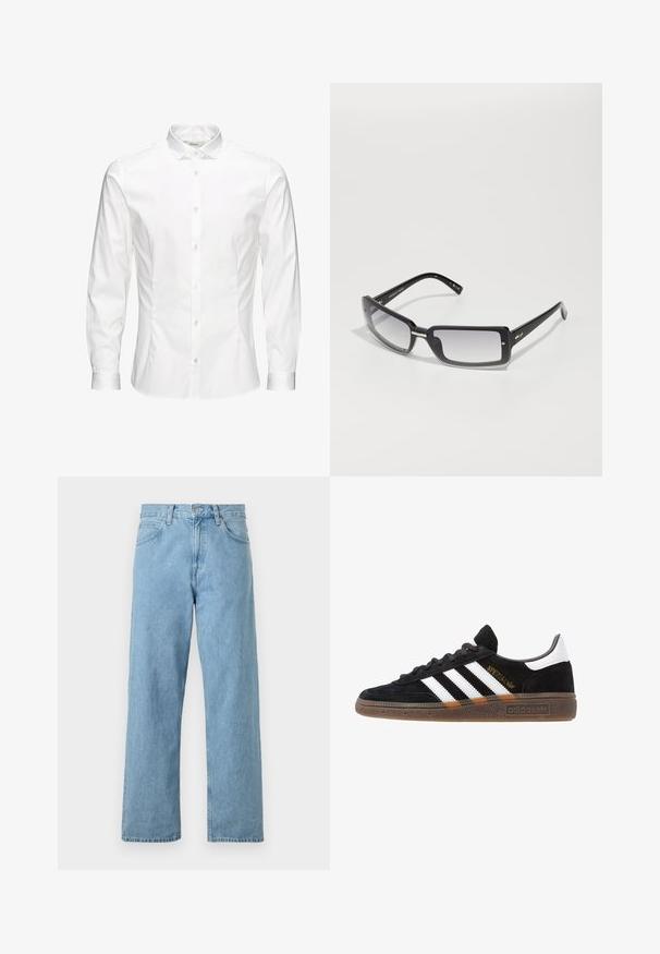 Witte langesleeve overhemd met knopen, gemaakt van een gladde stof. Kenmerkt zich door een klassieke kraag, voor knopen en manchetten met één knoop. Slim fit ontwerp.; Lichtblauwe denim jeans met een rechte pasvorm, vijf zakken, knoop- en ritssluiting, en een iets vervaagde afwerking.; Zwarte Adidas sneaker met witte strepen, gouden "Spezial" tekst, gumzool en witte hieltab, weergegeven in zijaanzicht.; Zwarte rechthoekige zonnebril met een verlooplens, voorzien van een dik frame en metalen accenten op de steunen. Glad oppervlak overal.; Twee gebloemde sjaals: de ene zwart met witte ontwerpen, de andere bruin met oranje accenten. Beide zijn van satijn gemaakt en hebben puntige uiteinden.