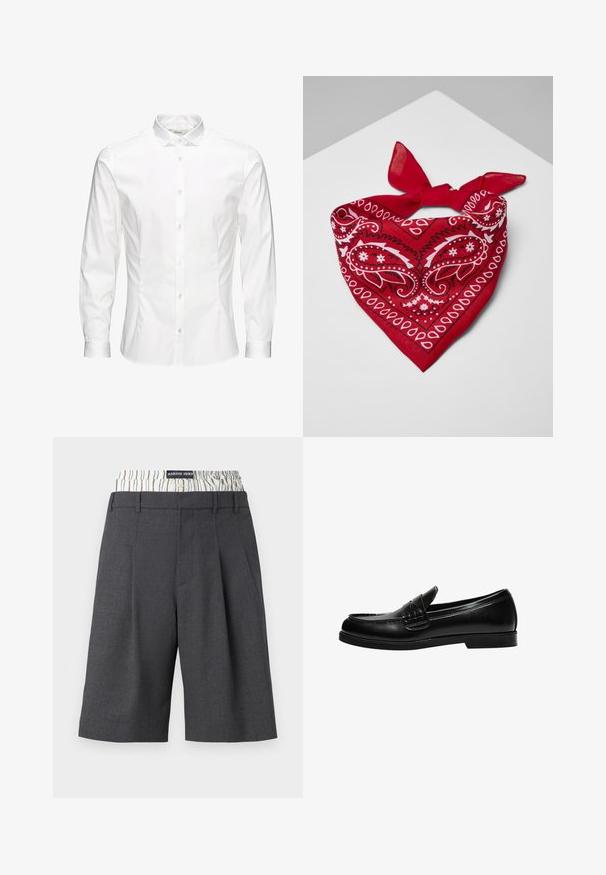 Bílá košile s dlouhým rukávem a knoflíkovým zapínáním vyrobená z hladké látky. Má klasický límeček, přední knoflíky a manžety na jeden knoflík. Úzký střih.; Šedé na míru šité bermudy s plisovaným designem, s kontrastním pruhovaným pasem. Vyrobené z texturované látky.; Černé kožené mokasíny s hladkým povrchem, které mají prošívání na nártu a nízkou, jednolitou černou gumovou podrážku.; Červený bavlněný šátek s bílými paisley vzory, ve tvaru trojúhelníku, s výrazně uvázanou uzlíkem v horní části.
