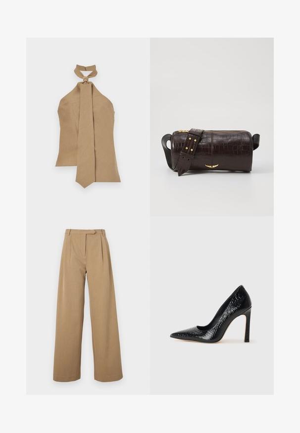 Beżowy top na ramiączkach z węzłem przy szyi i długim, zwężającym się wiązaniem. Wykonany z teksturowanej tkaniny; ma zamek z tyłu do zapięcia.; Spodnie o szerokich nogawkach w jasnobrązowym kolorze, wykonane z teksturowanej tkaniny. Posiadają fałdy z przodu i dopasowaną talię. Prosty design bez widocznych elementów metalowych.; Czarne szpilki z ostrym noskiem, pokryte teksturą skóry krokodyla, charakteryzujące się eleganckim wzornictwem, wysokim obcasem w stylu stiletto oraz gładkim czarnym wnętrzem.; Brązowa torba ze skóry z tłoczeniem krokodyla w kształcie cylindrycznym, z metalowymi elementami w kolorze złotym oraz odczepianym paskiem z ćwiekami.