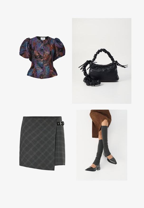 Čierna blúzka s nafúknutými rukávmi a viacfarebnými sequin vzormi, s okrúhlym golierom a predným zapínaním na gombíky. Textúrovaná látka.; Tmavošedá károvaná vlnená sukňa s čiernym prackovým detailom na pravej strane, rovný spodný okraj a jemný diagonálny vzor.; Čierne lakované kožené topánky s špicatou špičkou, blokovým podpätkom a členkovým remienkom, ktoré sú kombinované so šedými rebrovanými legínami a hnedou zamšovou sukňou.; Čierna umelá kožená kabelka s kroko vzorom, sťahovaným vrchom a zhnutým popruhom. Vyzerá mäkko a kompaktné v dizajne.