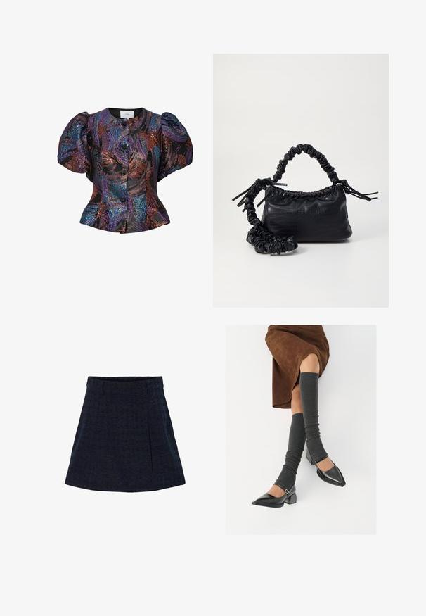 Bluse med puffærmer i sort med flerfarvede pailletmønstre, der har en rund krave og knaplukning foran. Struktureret stof.; Mørkeblå mini-nederdel i tekstureret stof med en tætsiddende livvidde, for-pleats og en lige silhuet. Ingen synlige hardware eller mønstre.; Sorte patenterede lædersko med spids tå, blokhæl og ankelrem, kombineret med grå ribbede benvarmere og en brun ruskinds nederdel.; Sort kunstlæder håndtaske med krokodilteksur, indsnøret top og en sammenkrøben rem. Ser blød og kompakt ud i designet.