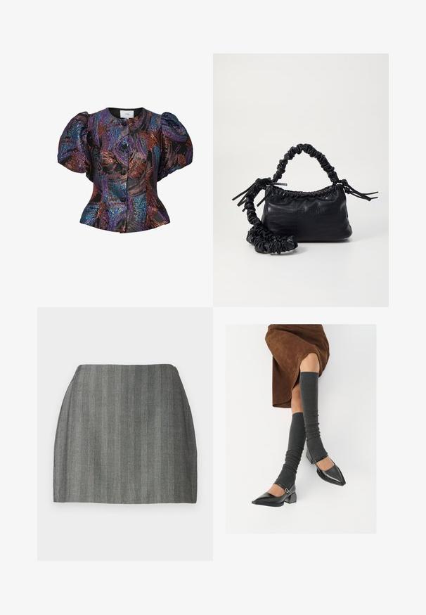 Puff-sleeved blouse in black with multicolored sequin patterns, featuring a rounded collar and front button closure. Textured fabric.; Gray mini skirt with a textured fabric, featuring vertical pinstripes and a fitted waist. Straight cut and smooth finish.; Black patent leather pointed-toe shoes with a block heel and ankle strap, paired with gray ribbed leg warmers and a brown suede skirt.; Black faux leather handbag with a crocodile texture, cinched top, and a scrunched strap. Appears soft and compact in design.