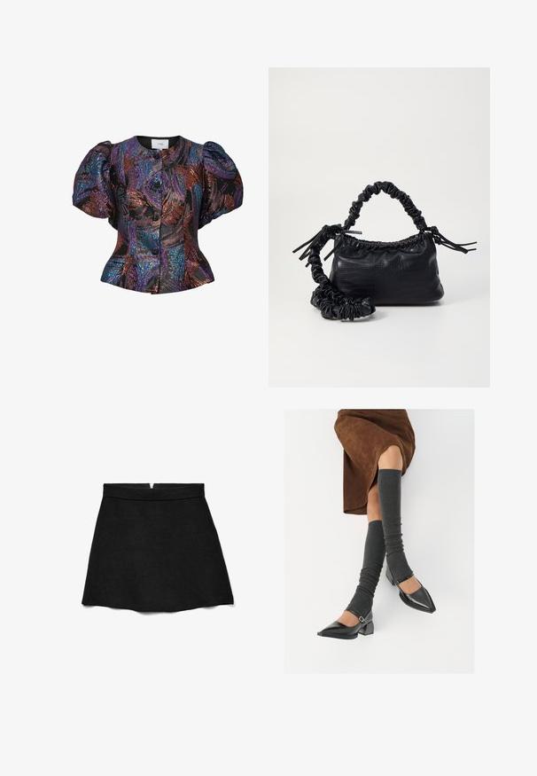 Blusa de mangas abullonadas en negro con patrones de lentejuelas multicolores, que cuenta con un cuello redondo y cierre de botones en la parte delantera. Tejido texturizado.; Minifalda negra acampanada hecha de tela suave. Cuenta con una cintura lisa y una cremallera discreta en la parte trasera para el cierre.; Zapatos de charol negros con punta afilada, tacón bloque y tira de tobillo, combinados con calentadores de piernas de canalé grises y una falda de ante marrón.; Bolso de mano de imitación cuero negro con textura de cocodrilo, parte superior fruncida y correa arrugada. Presenta un diseño suave y compacto.