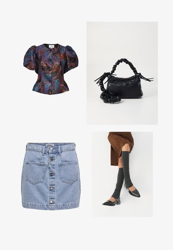 Blůza s nafouknutými rukávy v černé barvě s barevnými flitrovými vzory, zakončená kulatým límcem a zapínáním na knoflíky vpředu. Texturovaná tkanina.; Džínová mini sukně ve světle modré barvě, s pěti předními knoflíky, dvěma šitými kapsami a mírně ošoupanou texturou. Na štítku je napsáno "ONLY."; Černé lakované boty s špičatou špičkou, blokovým podpatkem a kotníkovým páskem, spárované s šedými žebrovanými návleky na nohy a hnědskou sukní z semiše.; Černá kabelka z umělé kůže s krokodýlím vzorem, staženým vrškem a zmačkaným popruhem. Zdá se, že má měkký a kompaktní design.