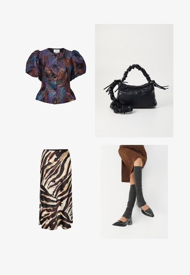 Blouse à manches bouffantes noire avec des motifs de sequins multicolores, dotée d'un col rond et d'une fermeture par boutons sur le devant. Tissu texturé.; Jupe longue en tissu léger ornée d'un imprimé animalier abstrait audacieux dans des tons de brun, noir et crème, avec une texture lisse et longueur cheville.; Chaussures à bout pointu en cuir verni noir avec un talon bloc et une bride à la cheville, accompagnées de jambières en maille grise et d'une jupe en daim marron.; Sac à main en simili cuir noir avec une texture crocodile, un dessus resserré et une sangle froncée. A l'apparence douce et compacte.