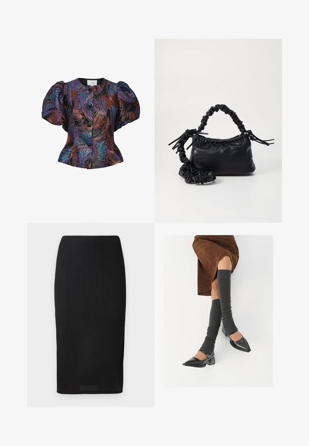 Zwarte blouse met pofmouwen en veelkleurige paillettenpatronen, voorzien van een ronde kraag en een knoopsluiting aan de voorkant. Getextureerde stof.; Zwarte geribbelde pencilskirt in een getailleerd ontwerp, met een soepele textuur en een knielange snit. Eenvoudige tailleband zonder versieringen.; Zwarte gepatineerde leren pumps met een puntige neus, een blokhak en een enkelbandje, gecombineerd met grijze geribde beenwarmers en een bruine suède rok.; Zwarte nepleer handtas met een krokodillenstructuur, opgedroogde bovenkant en een gekreukte hengsel. Het lijkt zacht en compact van ontwerp.