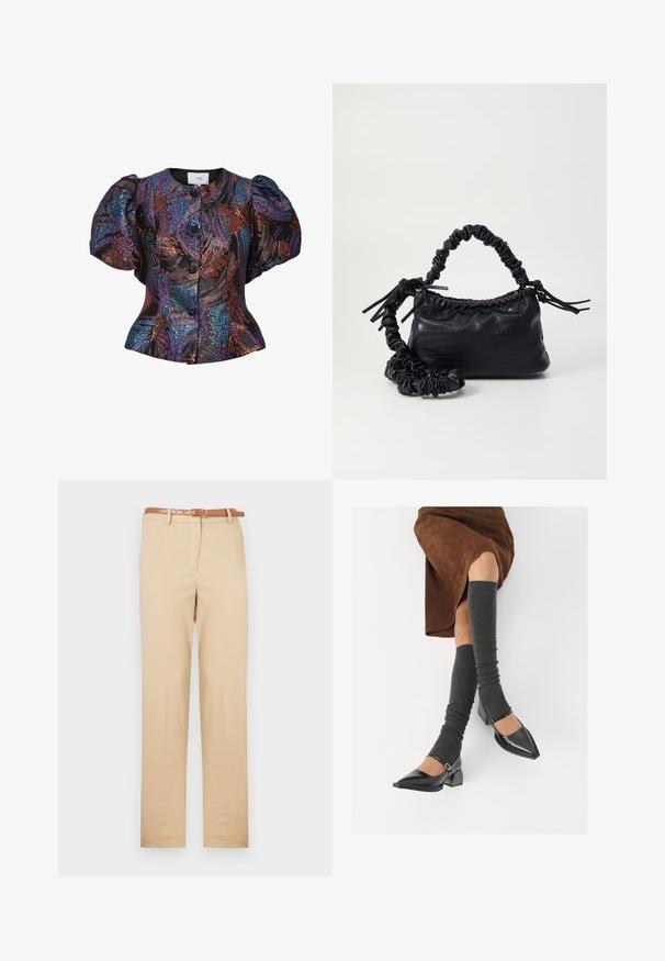 Blusa de mangas bufantes em preto com padrões de lantejoulas multicoloridas, apresentando um colarinho redondo e fecho de botão na frente. Tecido texturizado.; Chinos bege feitos de tecido leve, com um corte reto, bolsos laterais e um cinto de couro castanho com uma fivela retangular.; Sapatos pretos de pele lacada com biqueira pontuda, salto bloco e tiras no tornozelo, combinados com caneleiras cinzas em malha e uma saia de camurça castanha.; Bolsa de mão em couro sintético preto com textura de crocodilo, topo franzido e alça enrugada. Apresenta um design suave e compacto.