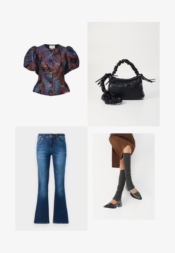 Fekete puffos ujjú blúz, színes flitter mintákkal, kerek gallérral és elülső gombos záródással. Texturált szövet.; Magas derekú kék farmernadrág, enyhe harangszárakkal a bokán, két első zsebbels és réz gombos záródással.; Fekete lakk bőrből készült, hegyes orrú cipők, tömbsarkúakkal és bokapánttal, szürke bordás lábszármelegítőkkel és barna velúr szoknyával párosítva.; Fekete műbőr kézi táska krokodil bőr textúrával, összehúzható tetejű és gyűrt pánttal. Lágy és kompakt dizájnúnak tűnik.