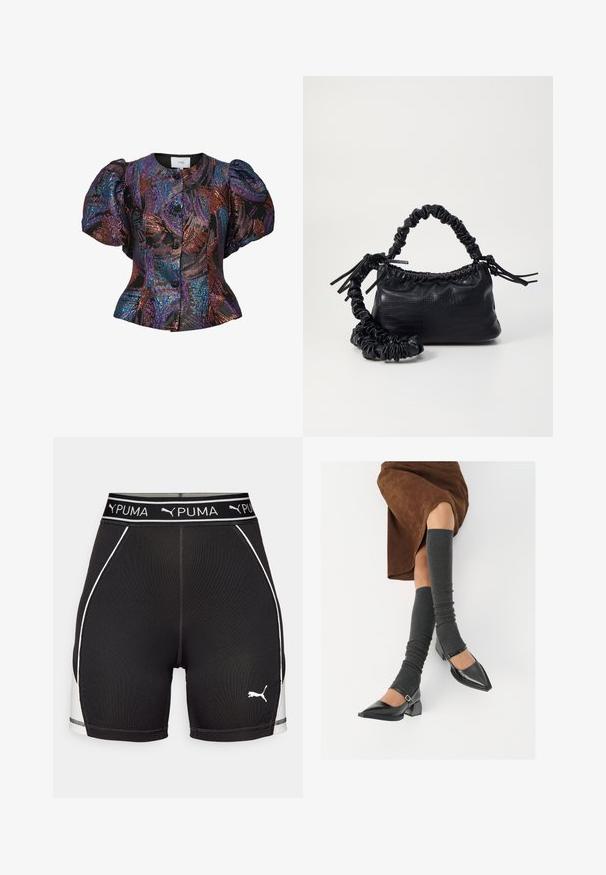 Blusa de mangas bufantes em preto com padrões de lantejoulas multicoloridas, apresentando um colarinho redondo e fecho de botão na frente. Tecido texturizado.; Calções atléticos pretos com um logo da PUMA, apresentando uma cinta personalizada e detalhes laterais brancos. Feitos de um material leve e elástico.; Sapatos pretos de pele lacada com biqueira pontuda, salto bloco e tiras no tornozelo, combinados com caneleiras cinzas em malha e uma saia de camurça castanha.; Bolsa de mão em couro sintético preto com textura de crocodilo, topo franzido e alça enrugada. Apresenta um design suave e compacto.